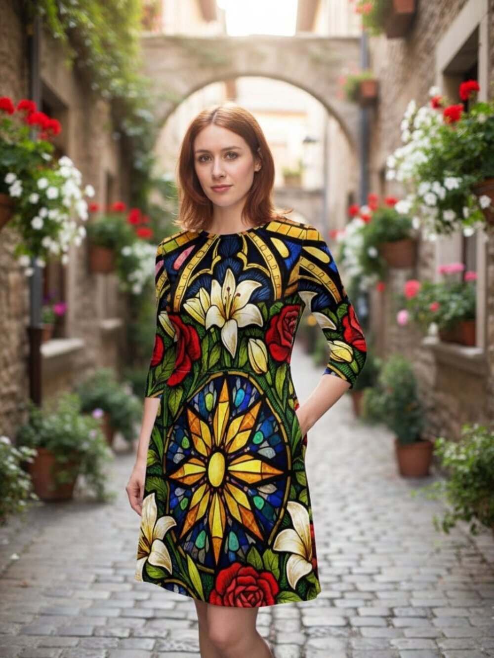 Laura Flare Dress Victorian Rose Window | Stained Glass Floral